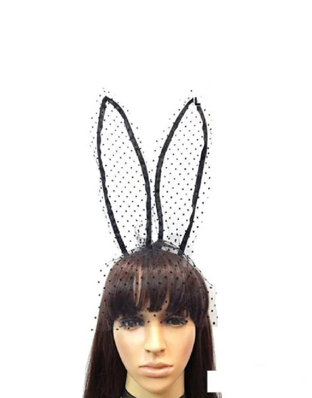 Final Sale Nlack Lace Rabbit Ears Headband with Mini-Dotted Mesh Veil