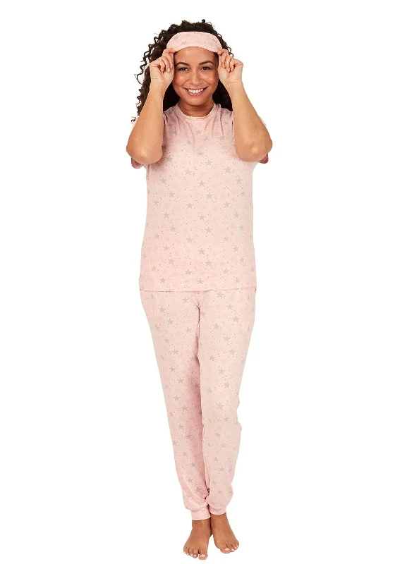 Indigo Sky Star Print Pyjama, Scrunchie & Eye Mask Set, Pink