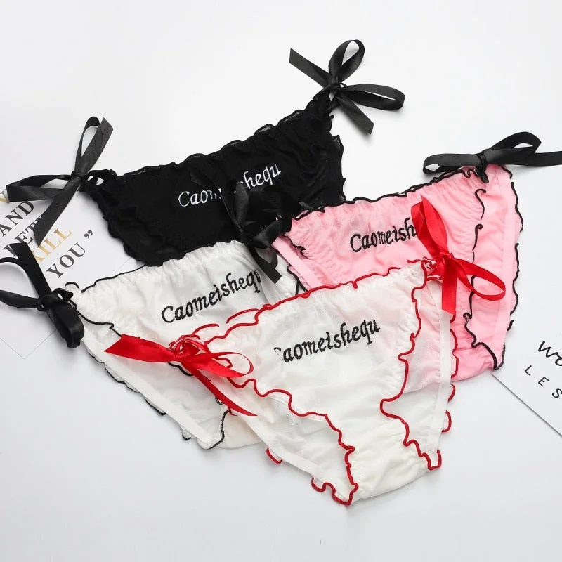 Fashion Letter Embroidery Bow Lace Up Panties Women Sexy Mesh Briefs Ladies Sexy Low-waist Cute Panties Underwear  Hot Sale