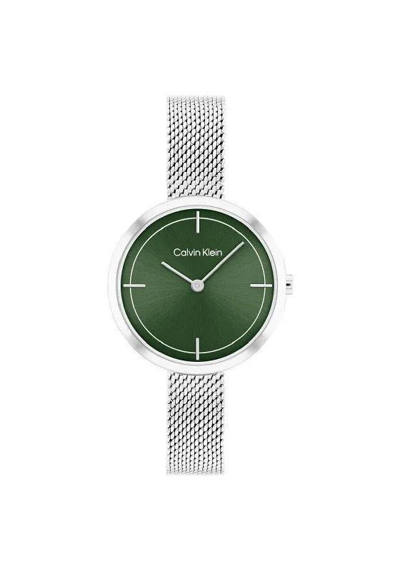 Calvin Klein Ladies Mesh Strap Watch, Silver & Green