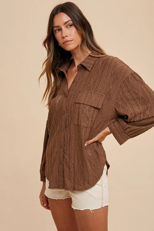 Annie Wear Openwork Button Down Drop Shoulder ShirtRuffled Shirts