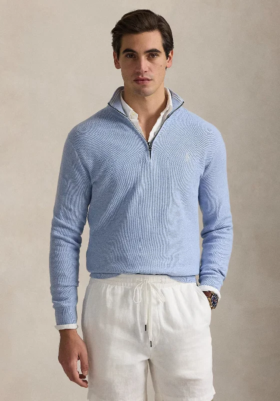 Ralph Lauren Mesh Knit Cotton Quarter Zip Jumper, Blue Hyacinth