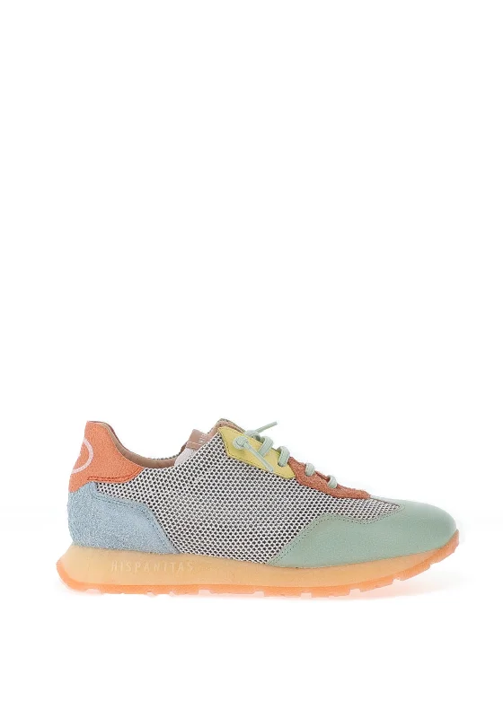 Hispanitas Leather Multi Mesh Laced Trainers, Eucalyptus & Banana