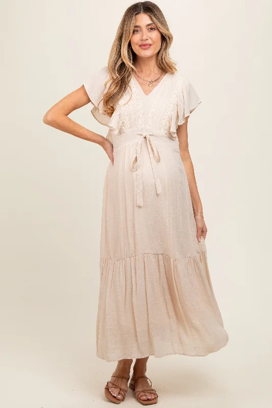 Cream Cuffed Sleeve Front Tie Maternity Maxi DressSari Dress