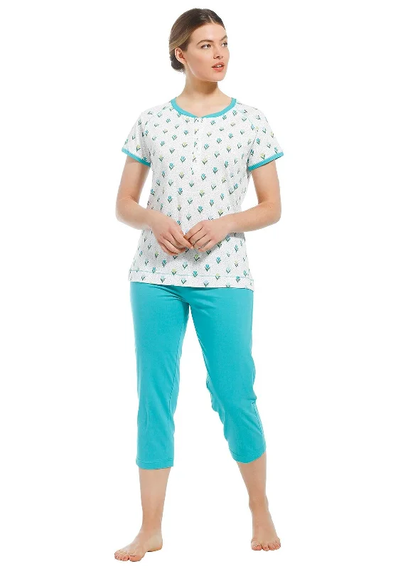 Pastunette Floral Capri Pyjama Set, Green