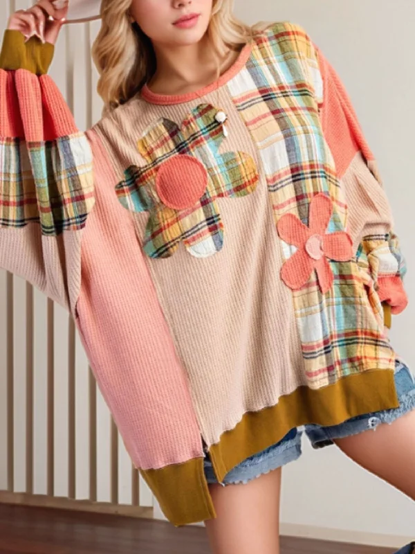 Thermal HoodiesSlit Plaid Round Neck Long Sleeve Sweatshirt